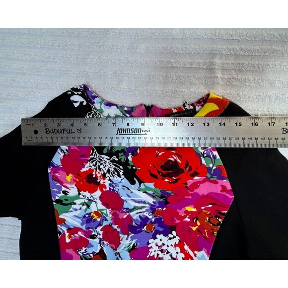 BCBGMaxazria Women's Floral Panel Black Sheath Dress Large Short Sleeve Zip Back - Picture 4 of 7